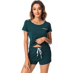 imageWiWi Viscose from Bamboo Pajamas Set for Women Soft Short Sleeve with Shorts Summer Plus Size Pjs Sets Sleepwear S4XDpeacock Green