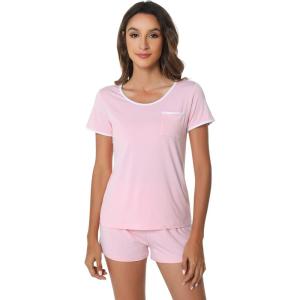 imageWiWi Viscose from Bamboo Pajamas Set for Women Soft Short Sleeve with Shorts Summer Plus Size Pjs Sets Sleepwear S4XDpink