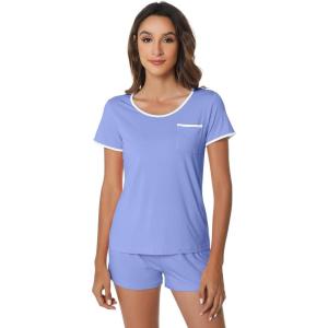 imageWiWi Viscose from Bamboo Pajamas Set for Women Soft Short Sleeve with Shorts Summer Plus Size Pjs Sets Sleepwear S4XDsky Blue