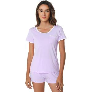 imageWiWi Viscose from Bamboo Pajamas Set for Women Soft Short Sleeve with Shorts Summer Plus Size Pjs Sets Sleepwear S4XDtaro Purple