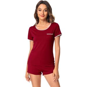 imageWiWi Viscose from Bamboo Pajamas Set for Women Soft Short Sleeve with Shorts Summer Plus Size Pjs Sets Sleepwear S4XDwine Red