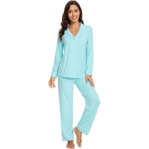 imageWiWi Bamboo Viscose Pajamas Set for Women Soft Button Down Sleepwear Pj Lightweight Lounge Sets Loungewear SXXLAaqua