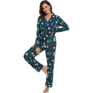 imageWiWi Bamboo Viscose Pajamas Set for Women Soft Button Down Sleepwear Pj Lightweight Lounge Sets Loungewear SXXLAchristmas Elk on Green