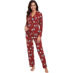 imageWiWi Bamboo Viscose Pajamas Set for Women Soft Button Down Sleepwear Pj Lightweight Lounge Sets Loungewear SXXLAchristmas Elk on Red