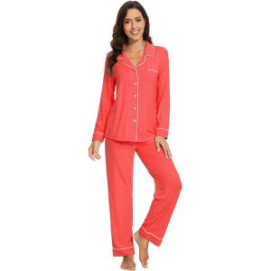 imageWiWi Bamboo Viscose Pajamas Set for Women Soft Button Down Sleepwear Pj Lightweight Lounge Sets Loungewear SXXLAcoral