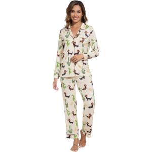 imageWiWi Bamboo Viscose Pajamas Set for Women Soft Button Down Sleepwear Pj Lightweight Lounge Sets Loungewear SXXLAdog and Cactus