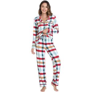 imageWiWi Bamboo Viscose Pajamas Set for Women Soft Button Down Sleepwear Pj Lightweight Lounge Sets Loungewear SXXLAgreen Plaid