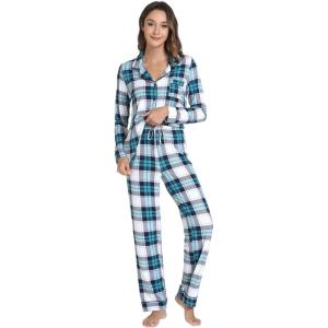 imageWiWi Bamboo Viscose Pajamas Set for Women Soft Button Down Sleepwear Pj Lightweight Lounge Sets Loungewear SXXLAnavyGreen Plaid