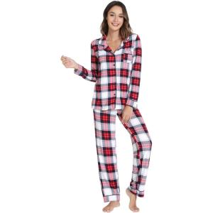 imageWiWi Bamboo Viscose Pajamas Set for Women Soft Button Down Sleepwear Pj Lightweight Lounge Sets Loungewear SXXLAnavyRed Plaid