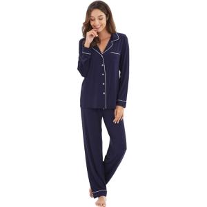imageWiWi Bamboo Viscose Pajamas Set for Women Soft Button Down Sleepwear Pj Lightweight Lounge Sets Loungewear SXXLAnavyWhite