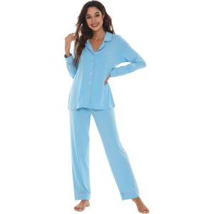 imageWiWi Bamboo Viscose Pajamas Set for Women Soft Button Down Sleepwear Pj Lightweight Lounge Sets Loungewear SXXLApale Blue