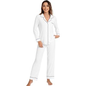 imageWiWi Bamboo Viscose Pajamas Set for Women Soft Button Down Sleepwear Pj Lightweight Lounge Sets Loungewear SXXLApure White