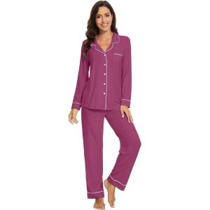 imageWiWi Bamboo Viscose Pajamas Set for Women Soft Button Down Sleepwear Pj Lightweight Lounge Sets Loungewear SXXLApurple Red