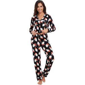 imageWiWi Bamboo Viscose Pajamas Set for Women Soft Button Down Sleepwear Pj Lightweight Lounge Sets Loungewear SXXLAsanta Claus on Black