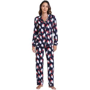 imageWiWi Bamboo Viscose Pajamas Set for Women Soft Button Down Sleepwear Pj Lightweight Lounge Sets Loungewear SXXLAsanta Claus on Navy