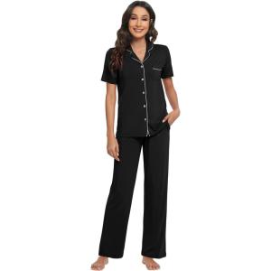 imageWiWi Bamboo Viscose Pajamas Set for Women Soft Button Down Sleepwear Pj Lightweight Lounge Sets Loungewear SXXLBblack