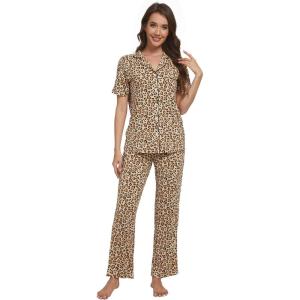 imageWiWi Bamboo Viscose Pajamas Set for Women Soft Button Down Sleepwear Pj Lightweight Lounge Sets Loungewear SXXLBbrown Leopard