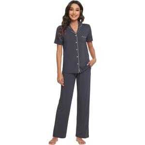 imageWiWi Bamboo Viscose Pajamas Set for Women Soft Button Down Sleepwear Pj Lightweight Lounge Sets Loungewear SXXLBcharcoal