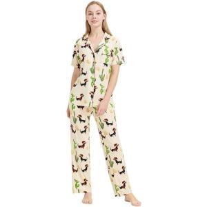 imageWiWi Bamboo Viscose Pajamas Set for Women Soft Button Down Sleepwear Pj Lightweight Lounge Sets Loungewear SXXLBdog and Cactus