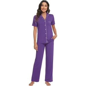 imageWiWi Bamboo Viscose Pajamas Set for Women Soft Button Down Sleepwear Pj Lightweight Lounge Sets Loungewear SXXLBlilac