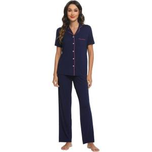 imageWiWi Bamboo Viscose Pajamas Set for Women Soft Button Down Sleepwear Pj Lightweight Lounge Sets Loungewear SXXLBnavy