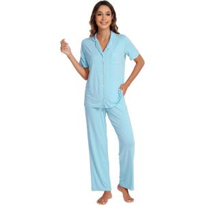 imageWiWi Bamboo Viscose Pajamas Set for Women Soft Button Down Sleepwear Pj Lightweight Lounge Sets Loungewear SXXLBpale Blue