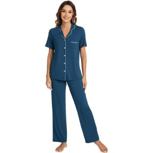 imageWiWi Bamboo Viscose Pajamas Set for Women Soft Button Down Sleepwear Pj Lightweight Lounge Sets Loungewear SXXLBpeacock Blue