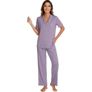 imageWiWi Bamboo Viscose Pajamas Set for Women Soft Button Down Sleepwear Pj Lightweight Lounge Sets Loungewear SXXLBviolet