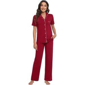 imageWiWi Bamboo Viscose Pajamas Set for Women Soft Button Down Sleepwear Pj Lightweight Lounge Sets Loungewear SXXLBwine Red