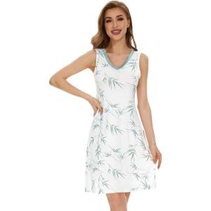 imageWiWi Nightgown for Women Cooling Sleeveless Sleepwear V Neck Sleep Shirt Plus Size Tank Pajamas Dress S4XA Leaf