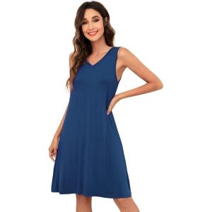 imageWiWi Nightgown for Women Cooling Sleeveless Sleepwear V Neck Sleep Shirt Plus Size Tank Pajamas Dress S4XAink Blue