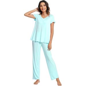 imageWiWi Viscose from Bamboo Pajama Sets for Women Soft Pjs Loungewear Short Sleeve Top with Pants Sleepwear Pajamas SXXLAaqua