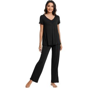 imageWiWi Viscose from Bamboo Pajama Sets for Women Soft Pjs Loungewear Short Sleeve Top with Pants Sleepwear Pajamas SXXLAblack