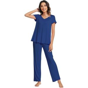 imageWiWi Viscose from Bamboo Pajama Sets for Women Soft Pjs Loungewear Short Sleeve Top with Pants Sleepwear Pajamas SXXLAblue Depth