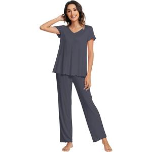 imageWiWi Viscose from Bamboo Pajama Sets for Women Soft Pjs Loungewear Short Sleeve Top with Pants Sleepwear Pajamas SXXLAcharcoal