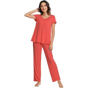 imageWiWi Viscose from Bamboo Pajama Sets for Women Soft Pjs Loungewear Short Sleeve Top with Pants Sleepwear Pajamas SXXLAcoral