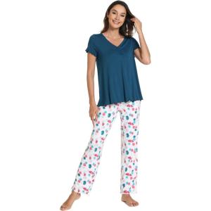imageWiWi Viscose from Bamboo Pajama Sets for Women Soft Pjs Loungewear Short Sleeve Top with Pants Sleepwear Pajamas SXXLAdark Pink Dots