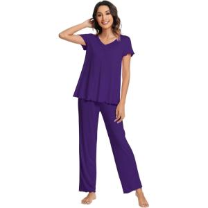 imageWiWi Viscose from Bamboo Pajama Sets for Women Soft Pjs Loungewear Short Sleeve Top with Pants Sleepwear Pajamas SXXLAdark Purple