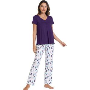 imageWiWi Viscose from Bamboo Pajama Sets for Women Soft Pjs Loungewear Short Sleeve Top with Pants Sleepwear Pajamas SXXLAdark Purple Dots