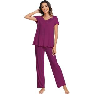 imageWiWi Viscose from Bamboo Pajama Sets for Women Soft Pjs Loungewear Short Sleeve Top with Pants Sleepwear Pajamas SXXLAdark Reddish Purple