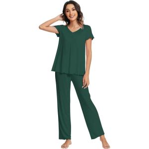 imageWiWi Viscose from Bamboo Pajama Sets for Women Soft Pjs Loungewear Short Sleeve Top with Pants Sleepwear Pajamas SXXLAfence Green