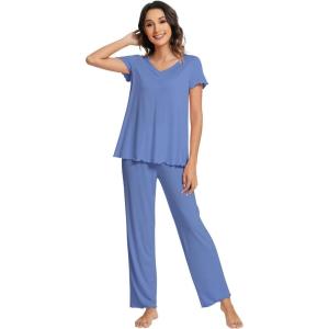 imageWiWi Viscose from Bamboo Pajama Sets for Women Soft Pjs Loungewear Short Sleeve Top with Pants Sleepwear Pajamas SXXLAfog Blue
