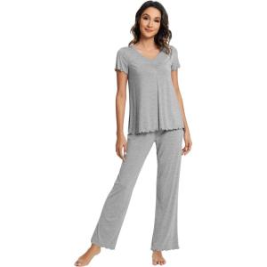 imageWiWi Viscose from Bamboo Pajama Sets for Women Soft Pjs Loungewear Short Sleeve Top with Pants Sleepwear Pajamas SXXLAheather Grey