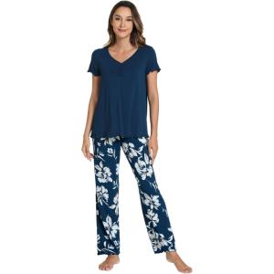 imageWiWi Viscose from Bamboo Pajama Sets for Women Soft Pjs Loungewear Short Sleeve Top with Pants Sleepwear Pajamas SXXLAink Blue Floral