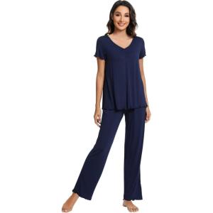 imageWiWi Viscose from Bamboo Pajama Sets for Women Soft Pjs Loungewear Short Sleeve Top with Pants Sleepwear Pajamas SXXLAnavy
