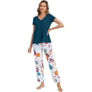 imageWiWi Viscose from Bamboo Pajama Sets for Women Soft Pjs Loungewear Short Sleeve Top with Pants Sleepwear Pajamas SXXLApumpkin