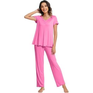 imageWiWi Viscose from Bamboo Pajama Sets for Women Soft Pjs Loungewear Short Sleeve Top with Pants Sleepwear Pajamas SXXLAraspberry Pink