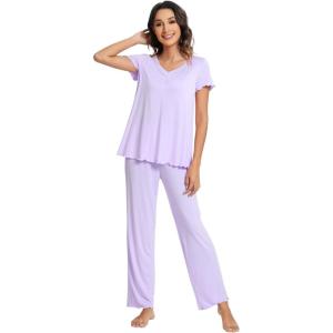 imageWiWi Viscose from Bamboo Pajama Sets for Women Soft Pjs Loungewear Short Sleeve Top with Pants Sleepwear Pajamas SXXLAtaro Purple