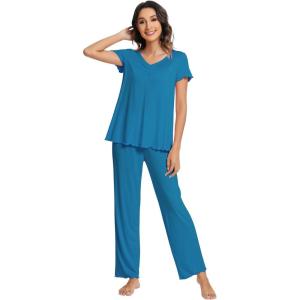 imageWiWi Viscose from Bamboo Pajama Sets for Women Soft Pjs Loungewear Short Sleeve Top with Pants Sleepwear Pajamas SXXLAteal Blue