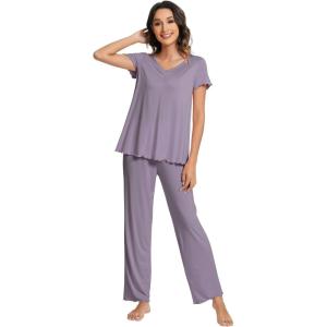 imageWiWi Viscose from Bamboo Pajama Sets for Women Soft Pjs Loungewear Short Sleeve Top with Pants Sleepwear Pajamas SXXLAviolet